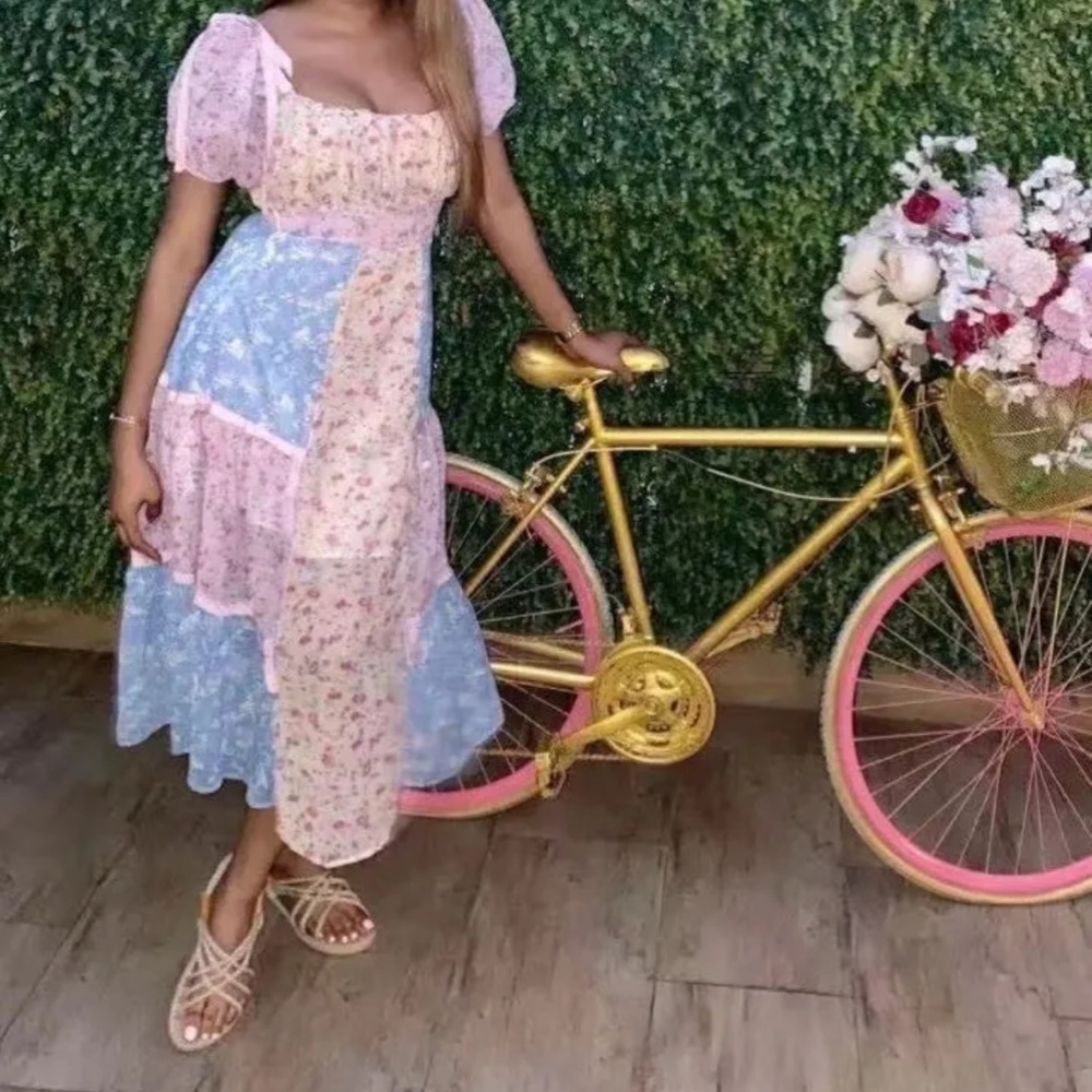 Yvonne & Love rose jaune bleu fleurs manches bouffantes maxi boho (taille M) - Picture 5 of 17
